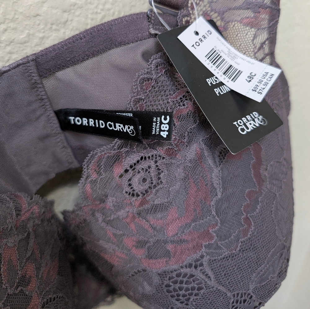 NWT Torrid Curve XO Plunge Push-Up Purple Lace Bra W/ Magenta Florals Size 48C